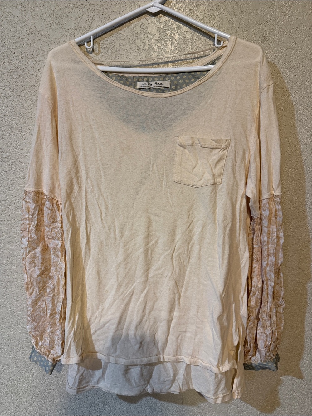 We The Free Pale Pink Long Sleeve Pocket Top with Lace Sleeves